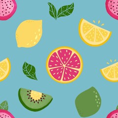 Seamless pattern with citrus fruits. Tropical background with fresh fruits  slices for textile, fabrics, socks, wrapping paper, packaging, apparel. Grapefruit, lemon, lime, kiwi, dragon fruit 