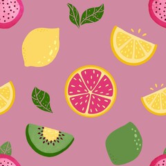 Seamless pattern with citrus fruits. Tropical background with fresh fruits slices for textile, fabrics, socks, wrapping paper, packaging, apparel. Grapefruit, lemon, lime, kiwi, dragon fruit 