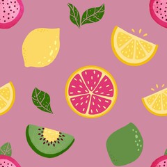 Seamless pattern with citrus fruits. Tropical background with fresh fruits  slices for textile, fabrics, socks, wrapping paper, packaging, apparel. Grapefruit, lemon, lime, kiwi, dragon fruit 