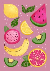 Fruits print. Collection of exotic fruits and citrus fruits for printing on posters, postcards, banners, stationery, packaging. Lemon, grapefruit, watermelon, kiwi, dragon fruit, banana 