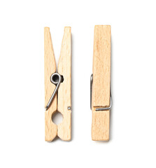 Wooden clothespins on white background