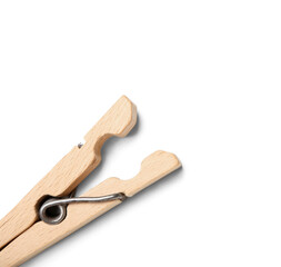 Wooden clothespin on white background, closeup