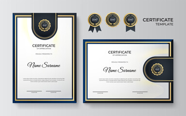 Blue and gold certificate of achievement border template with luxury badge and modern line pattern. For award, business, award, achievement and education needs