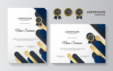 Blue and gold certificate of achievement border template with luxury badge and modern line pattern. For award, business, award, achievement and education needs