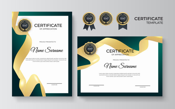 Modern green certificate template and border, for award, diploma, and printing. Green and gold elegant certificate of achievement template with gold badge and border