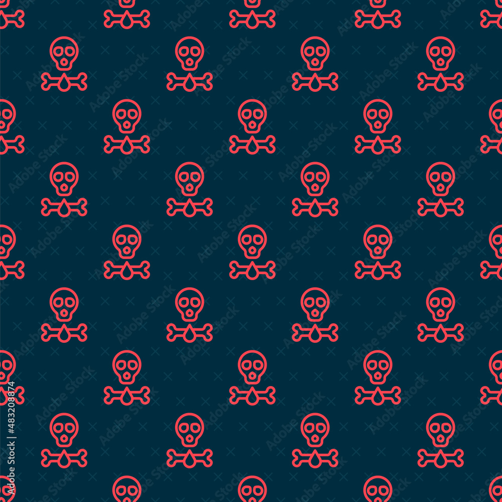Poster red line bones and skull as a sign of toxicity warning icon isolated seamless pattern on black backg