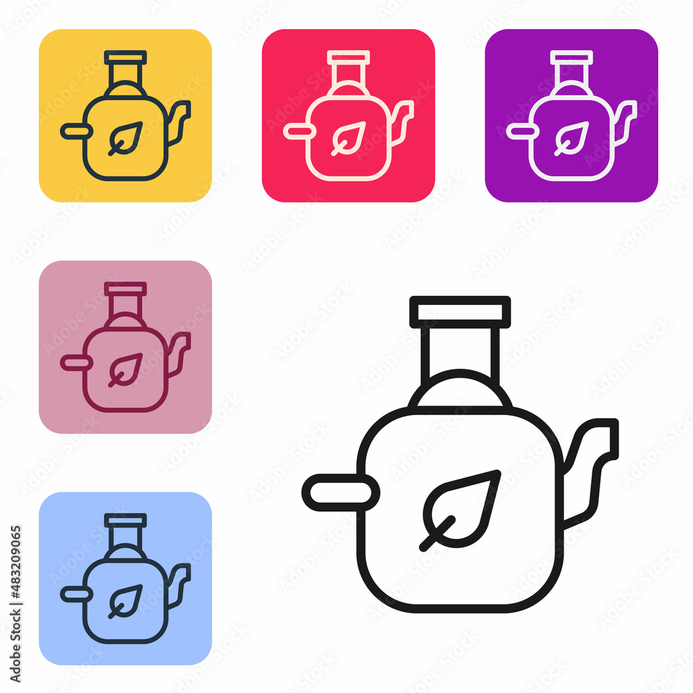 Poster Black line Teapot with leaf icon isolated on white background. Set icons in color square buttons. Vector