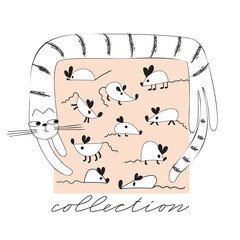 Cat with a collection of mauses. Vector fun illustration for children's prints.