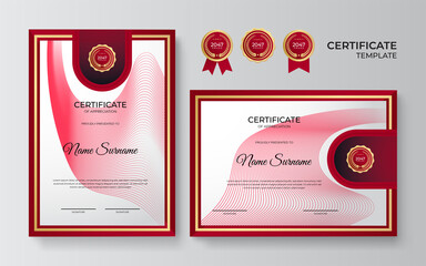 Modern red certificate template and border, for award, diploma, and printing. Red and gold elegant certificate of achievement template with gold badge and border