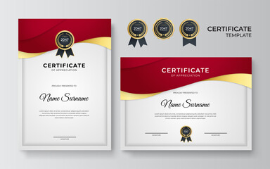Modern red certificate template and border, for award, diploma, and printing. Red and gold elegant certificate of achievement template with gold badge and border