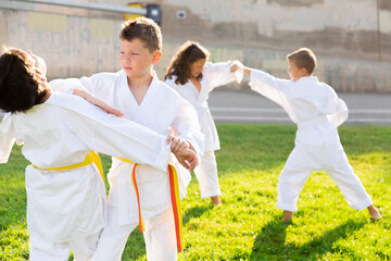 Kids in pairs sparring together during karate outdoor training.