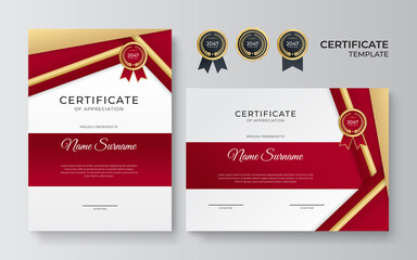Modern red certificate template and border, for award, diploma, and printing. Red and gold elegant certificate of achievement template with gold badge and border