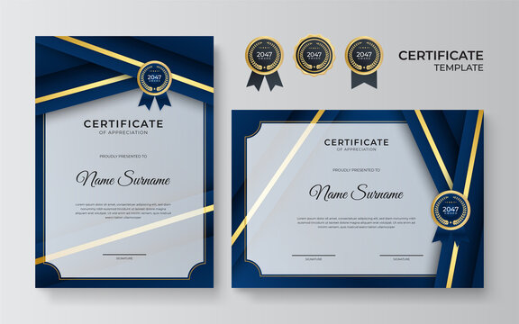 Modern blue certificate template and border, for award, diploma, and printing. Blue and gold elegant certificate of achievement template with gold badge and border