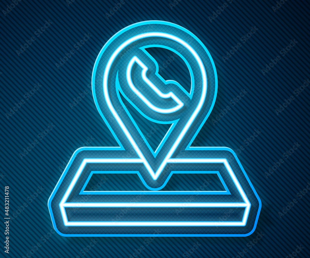 Poster glowing neon line map pointer with telephone or communication icon isolated on blue background. call