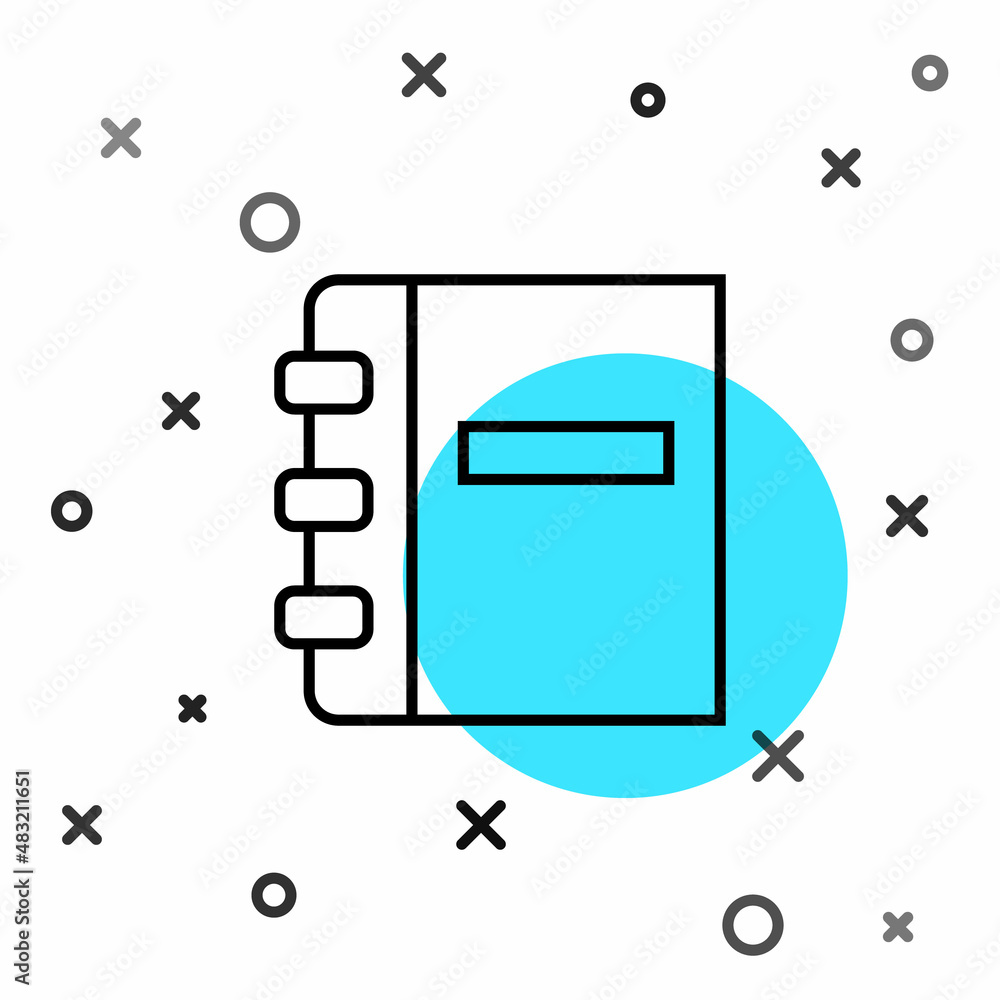 Poster Black line Notebook icon isolated on white background. Spiral notepad icon. School notebook. Writing pad. Diary for school. Random dynamic shapes. Vector