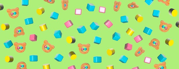 Banner for Childrens educational toys. Flying baby toys, rattle, cubes, teether, top hat. Multicolored baby elements on ligh green background.3d rendering for sale in kids store. High quality