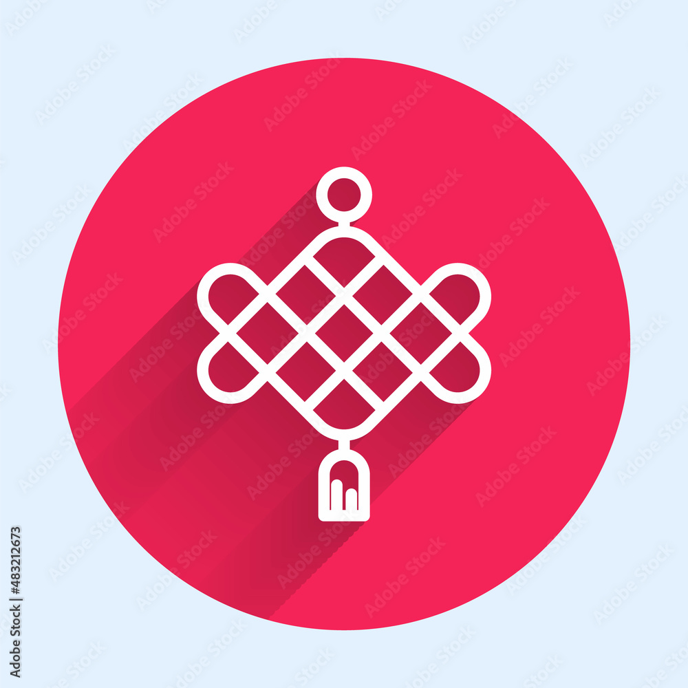 Poster white line chinese paper lantern icon isolated with long shadow background. red circle button. vecto