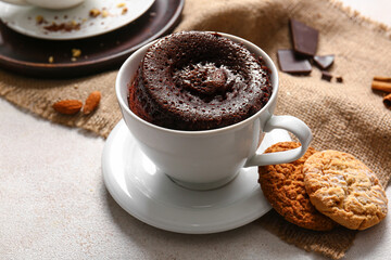 Cup with tasty chocolate brownie on table