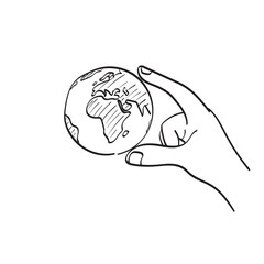 line art hand holding planet Earth illustration vector hand drawn isolated on white background