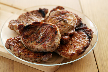 Indoor. Delicious meat at the table