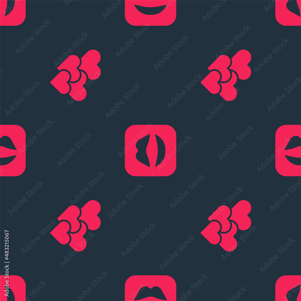 Poster set heart and smiling lips on seamless pattern. vector