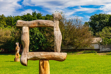 Wooden frame for selfies at the ranch. Wood carving is popular hobby in the culture of different...