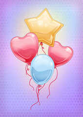 Balony w kształcie serca i w kształcie gwiazdki. Ilustracja imprezowych balonów wypełnionych helem w radosnych kolorach. Dekoracje na urodziny, baby shower, walentynki, uroczystość, wesele, festiwal. - obrazy, fototapety, plakaty