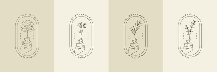 Floral logo collection in minimal and feminine style. Creative line art floral logo template for design studio, spa, wedding, florist, beauty and fashion. Hand and leaves floral logo set
