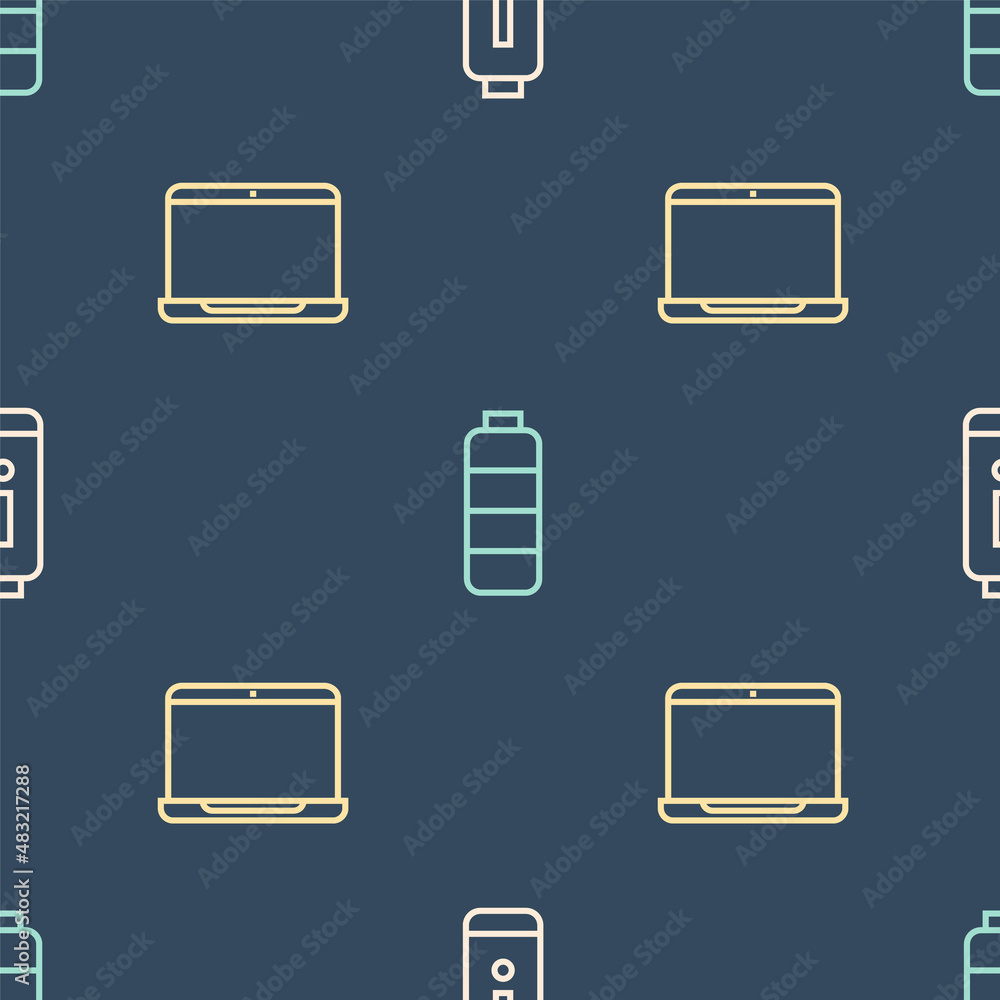 Poster set line battery charge level indicator, laptop and on seamless pattern. vector
