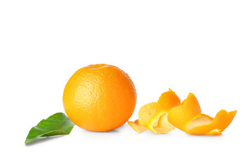 Fresh juicy orange and peel isolated on white background