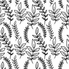 Hand drawn vector outline leaves seamless pattern. Doodle print with floral leaves isolated on white. Ink beautiful nature ornament for fabric, wrapping and textile. Adult and kids coloring page