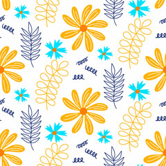 Fototapeta na wymiar Vector hand drawn summer floral seamless pattern isolated on white background. Doodle leaves and flowers. Cartoon tropical background for wedding design, wrapping, textiles, ornate and greeting cards