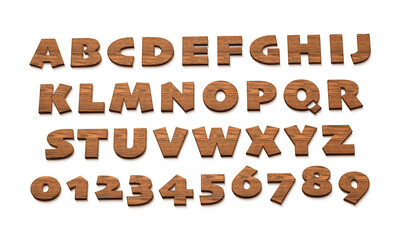 3D Alphabet and Numbers Made of Wood Isolated on a White Background
