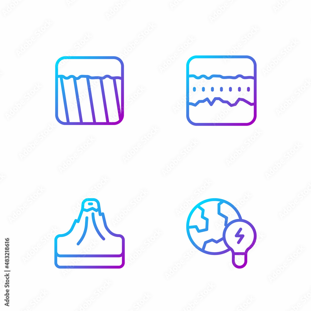 Poster set line global planet with bulb, volcano, ground and soil ground layers. gradient color icons. vect