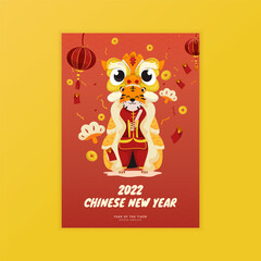 Chinese lunar new year with cute tiger and lion dance poster design