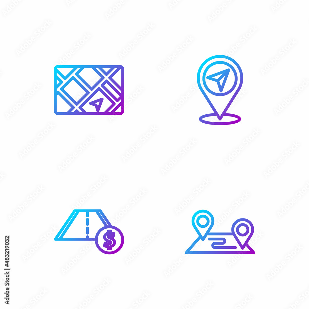 Poster set line route location, toll road traffic, gps device with map and map pin. gradient color icons. v