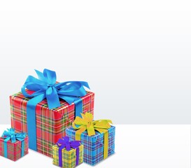 Christmas greeting card composition. Craft paper gift with ribbon