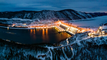 Winter landscape, view of the hydroelectric dam
