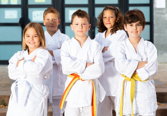 Portrait of preteen childs, boys and girls, posing in fighting action at schoolyard © JackF