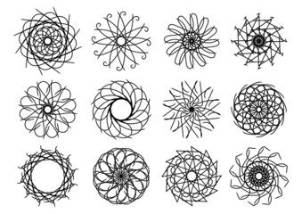 Set abstract circle pattern mandala flower floral. spirograph starbust vintage monochrome modern circular pattern geometric