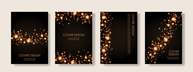 キラキラ光る金のパーティクルのベクターカバーイラストセット。ビジネスのパンフレット、カード、パッケージやポスターなどの背景として。