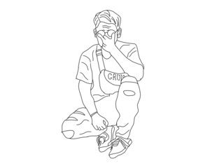 Fototapeta na wymiar Line art of boy in glasses squatting with sling bag on white background. Vector illustration.