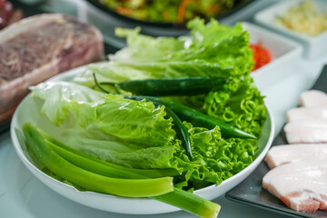 Fresh vegetables, small side dishes for Korean beef barbecue a popular Korean food 