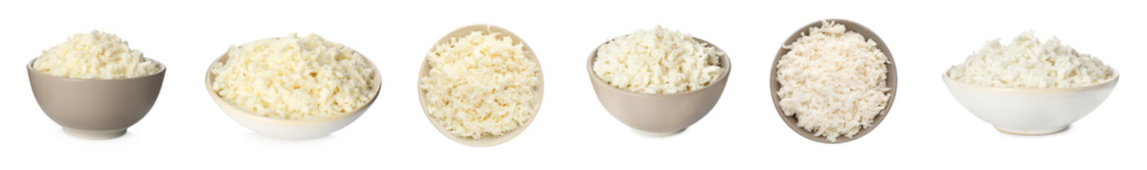 Set with delicious mozzarella cheese on white background. Banner design