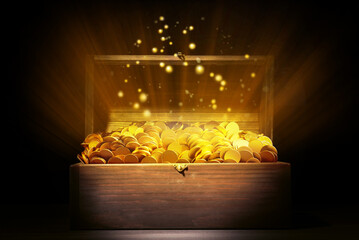 Open treasure chest with gold coins on table against black background - Powered by Adobe