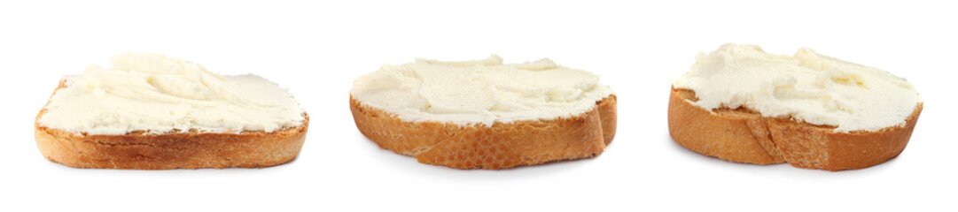 Toasted bread with tasty cream cheese on white background, collage. Banner design