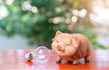 Light bulb and piggy bank on wooden desk with blur background.