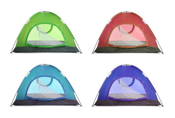 Set with different colorful camping tents on white background