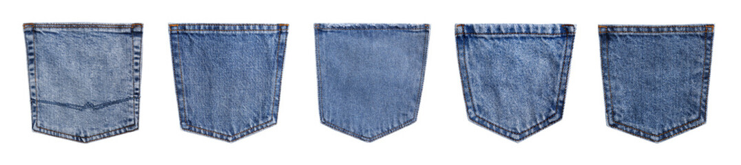 Set with denim pockets on white background background. Banner design