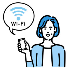 Fototapeta na wymiar スマートフォンを持ってWi-Fiの説明をしている中年女性 